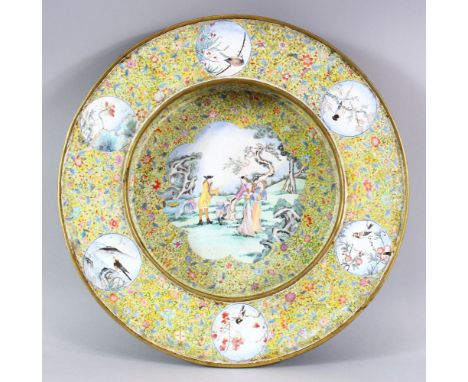 A LARGE &amp; HEAVY CHINESE BEIJING ENAMEL / CLOISONNE DISH - decorated with European scenes of figures playing in landscapes