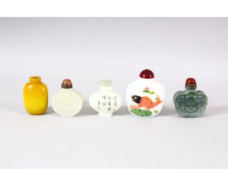 A MIXED LOT OF 5 CHINESE SNUFF BOTTLES - Consisting of three carved jade / stone bottles &amp; two glass bottles.