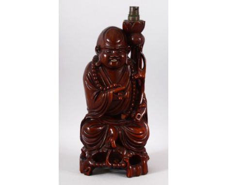A CHINESE CARVED HARDWOOD FIGURE OF SHOU LAO - as a lamp - 42cm