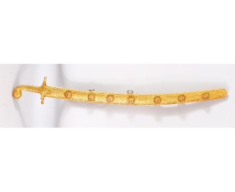 AN ORNAMENTAL ISLAMIC SWORD / SAIF AND GILT SCABBARD, the blade with embossed calligraphy, the scabbard with filigree metalwo