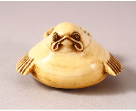 A JAPANESE MEIJI PERIOD CARVED IVORY NETSUKE - FUKURA SUZUME - carved with its feet underside and a seal signature " Masanao 