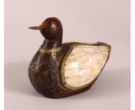 A 19TH / 20TH CENTURY INDIAN CARVED WOOD &amp; MOTHER OF PEARL INLAID MODEL OF A DUCK, 15cm wide.