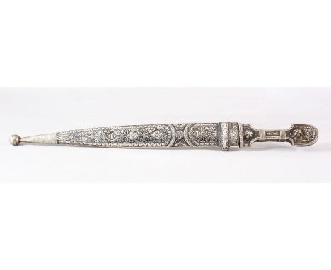 A 19TH CENTURY KINDJAL DAGGER and scabbard, 47.5cm long.