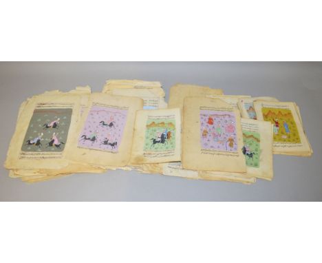 A COLLECTION OF INDIAN PAINTED MANUSCRIPT LEAVES, depicting hunting scenes, various sizes.