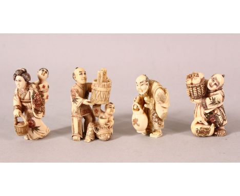 FOUR JAPANESE MEIJI PERIOD CARVED MAMMOTH IVORY NETSUKE - each carving of a typical day to day life scene - depicting men and