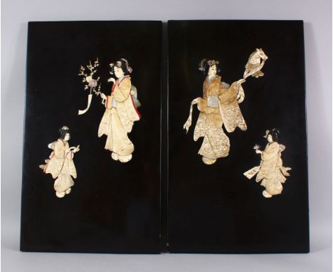 A PAIR OF JAPANESE MEIJI PERIOD CARVED IVORY AND MOTHER OF PEARL INLAID LACQUER PANELS - the panels each depicting woman and 