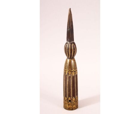 A FINE 19TH CENTURY OTTOMAN GOLD INLAID STEEL SPEARHEAD, 20cm long.