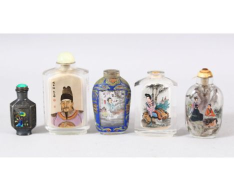 A MIXED LOT OF 5 CHINESE SNUFF BOTTLES - comprising of four reverse painted snuff bottles and one small unusual white metal &