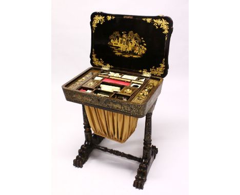 A CHINESE EXPORT BLACK LACQUER AND GILT DECORATED SEWING TABLE, with hinged lid opening to reveal compartmentalised interior 