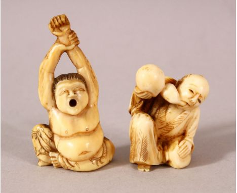 TWO JAPANESE MEIJI PERIOD CARVED IVORY NETSUKE - one depicting ashinaga the fisherman 5cm, together with a drunken man drinki