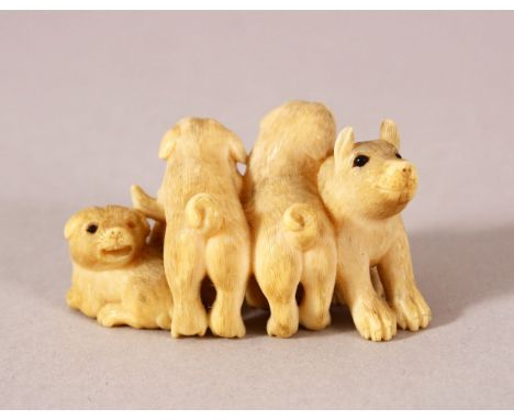 A JAPANESE MEIJI PERIOD CARVED IVORY NETSUKE OF A BOAR AND DOGS - the boar / pig seated aside four puppy dogs, the underside 