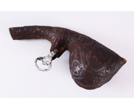 A GOOD 19TH CENTURY PERSIAN LEATHER POWDER FLASK, with embossed decoration of animals, 25cm