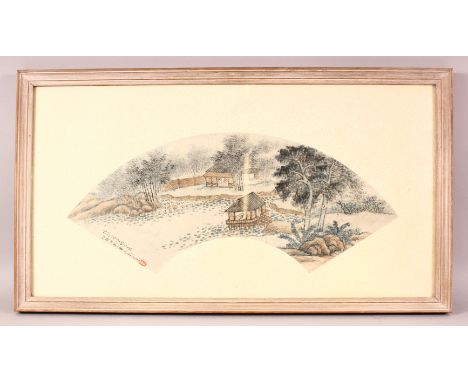 A GOOD 19TH CENTURY CHINESE FAN PAINTING, framed and glazed, with script and seal to bottom left of fan, overall 36cm x 63cm.