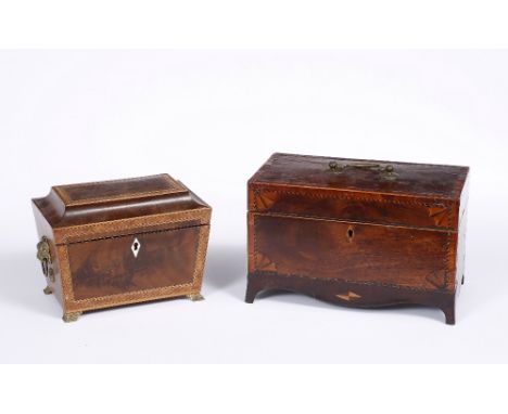 A 19TH CENTURY MAHOGANY, CROSSBANDED AND CHEQUER STRUNG RECTANGULAR TEA CADDY, the lid inlaid with numerals, the interior fit