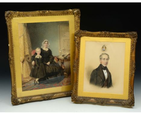 ENGLISH SCHOOL (MID 19TH CENTURY) Portrait of a mother and child at a library table in an interior mourning the loss of the f