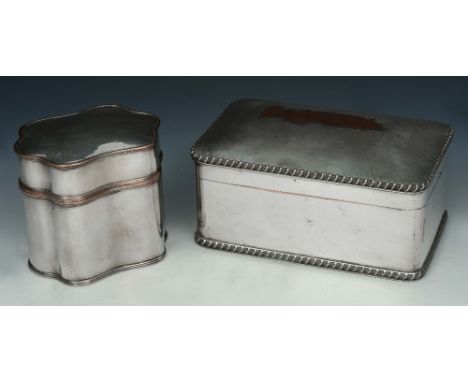 A SHEFFIELD PLATED SHAPED TEA CADDY with hinged lid, 10.6cm wide; and a biscuit box with gadrooned edge, 18cm wide (2)