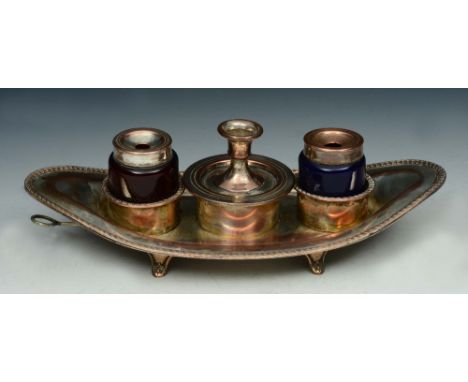 AN EARLY 19TH CENTURY SHEFFIELD PLATED GADROONED DESK STAND fitted chamber stick and twin blue glass inkwells, marked C.B. ab