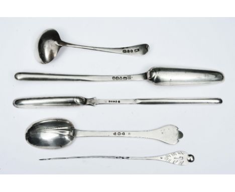 A GEORGE III SILVER DOUBLE ENDED MARROW SCOOP, 23cm long, London 1804 by William Eley & William Fearn; a plated marrow scoop;