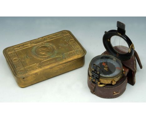 A WWI POCKET COMPASS in leather case and a WWI Christmas 1914 brass tobacco box (2)