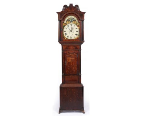 A 19TH CENTURY OAK LONGCASE CLOCK, the painted arched dial with moon phase, secondhand and date dial, signed Birley, Birmingh