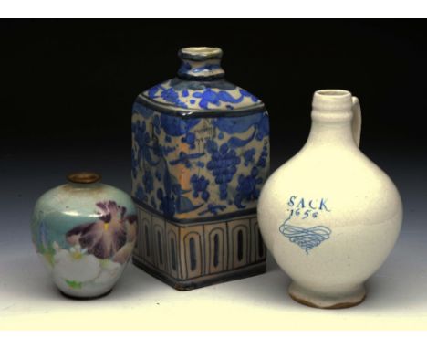 A CONTINENTAL FAIENCE SQUARE BOTTLE with insect and foliate decoration, 18cm high; and a white glazed flask inscribed 'Sack 1