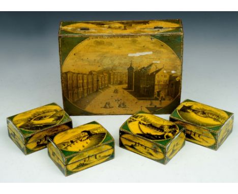 AN 18TH CENTURY FRENCH EN GRISAILLE PAINTED PENWORK PLAYING CARD BOX, the domed lid decorated with a Spa town and fitted four