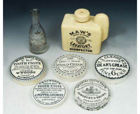 FIVE OLD CERAMIC POT LIDS including Cleaver;s 'Bears Grease', Woods Areca Nut Toothpaste, Maws Lavatory Disinfector earthenwa