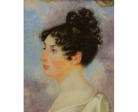 A VICTORIAN MINIATURE PORTRAIT of a young raven haired woman in silhouette, 7.5 x 6cm in gilt frame
