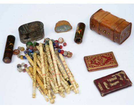A COLLECTION OF CURIOSITIES TO INCLUDE a George III Nelson memorial nutmeg grater, 5cm; two leather band miniature almanacks;