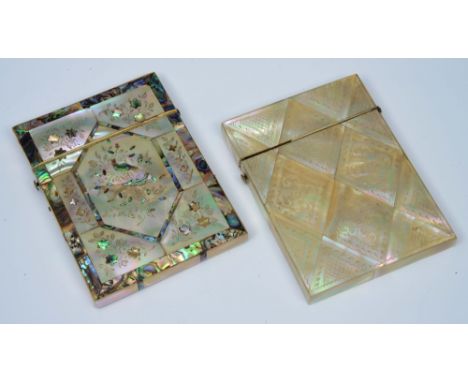 A MOTHER OF PEARL AND PAUA SHELL CARD CASE with oriental pheasant decoration and another with diamond motif, 10.4 x 7.8cm (2)