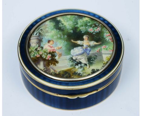 A FRENCH BLUE GUILLOCHE ENAMEL, SILVER AND SILVER GILT CIRCULAR BOX with hinged lid inset a painted panel of lovers in a clas