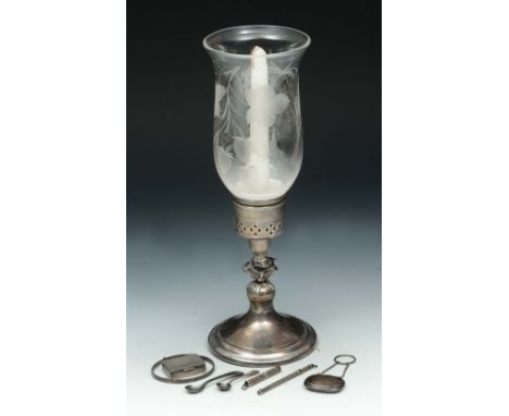 A SILVER CANDLE LANTERN, with engraved glass storm shade, the knopped stem modelled with a rose, on spreading circular foot b