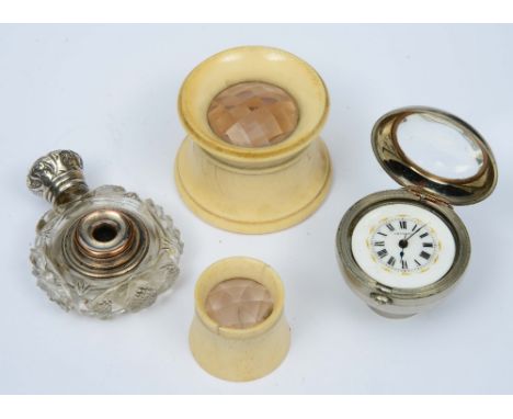 A VICTORIAN GLASS SCENT BOTTLE inset telescopic eye glasses, 6cm high; two ivory kaleidoscopic eye glasses; and a nickel walk