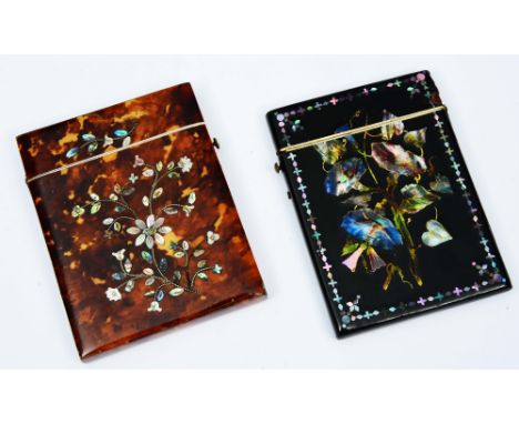 A TORTOISESHELL AND MOTHER OF PEARL INLAID CARD CASE and another papier mâché with mother of pearl floral spray, 10 x 7.5cm a