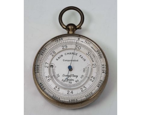 A LATE 19TH CENTURY GILT METAL POCKET BAROMETER by Army & Navy, London, with silvered dial, 5cm, in leather case