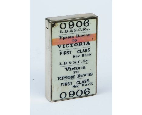 A VICTORIAN SILVER AND ENAMELLED RAILWAY TICKET VESTA CASE, London 1885 makers mark S.M., 5.5 x 3cm