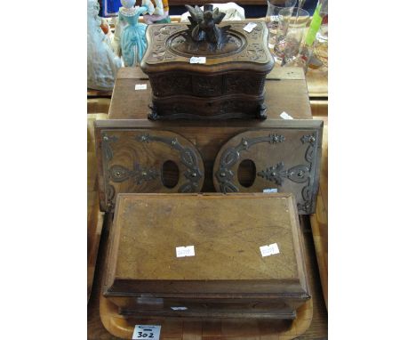 19th Century mahogany two section tea caddy together with Victorian walnut, Gothic design, extending book ends, together with