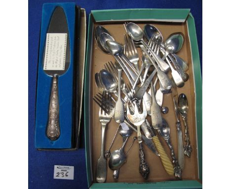 Box of assorted silver and plated flatware including Irish and English hallmarks; Isle of Man fork; cake slice etc.(B.P. 24% 