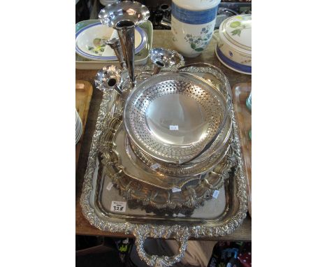 Collection of silver plated items to include: large two handled serving tray with fruit and berry decoration; silver plated s