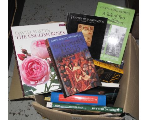 Box of assorted, signed, hardback and other books, many by Bernard Knight; Brian Rix; John Julius Norwich; David Austin, 'The