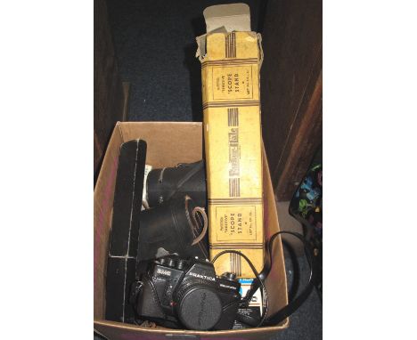 Box of assorted cameras and equipment etc. to include: Polaroid; Practika; Parker Hale Sensitive Scope stand in box etc.(B.P.