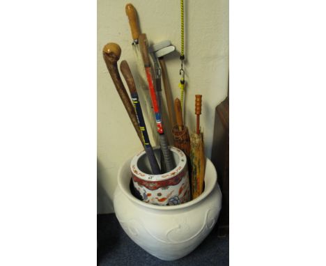 Large modern baluster shaped china jardiniere, an Oriental cylindrical stick stand, two bamboo parasols, two hockey sticks, g
