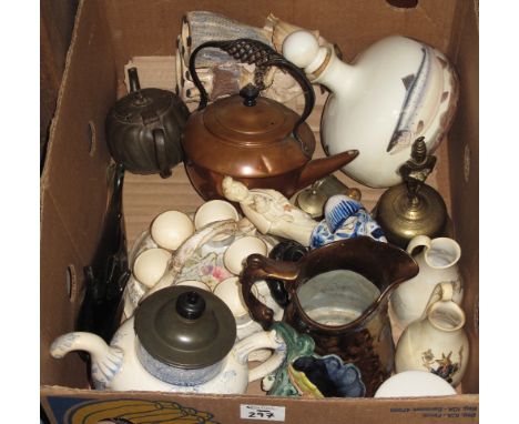 Tray of assorted china and other items to include: whisker fish decanter; egg cruet set on stand; copper lustre jug; 19th Cen