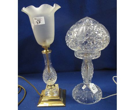 Modern cut glass, frosted glass and brass pedestal table lamp, together with a cut glass mushroom shaped table lamp. (2)(B.P.