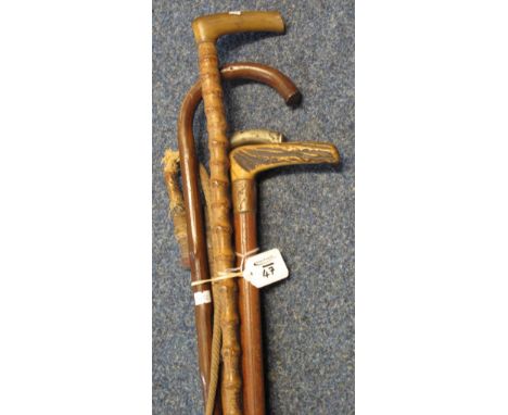 Bundle of walking sticks, hunting crop and an unusual Eastern Whip. (6)(B.P. 24% incl. VAT)