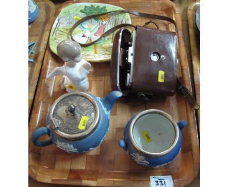 Tray of assorted items to include: Wedgwood blue and white Jasper ware miniature baluster teapot with matching sucrier; Lladr