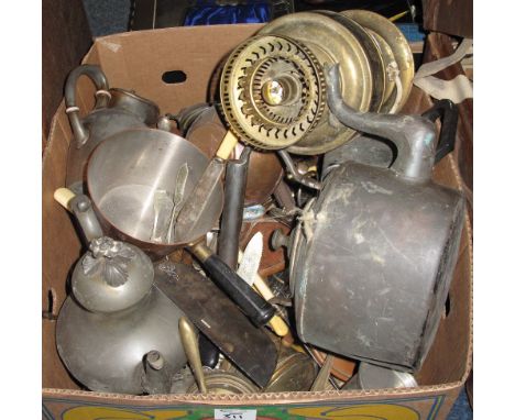 Box of assorted metalware to include: copper teapot; loose plated cutlery; nut cracker; pewter teapot etc.(B.P. 24% incl. VAT