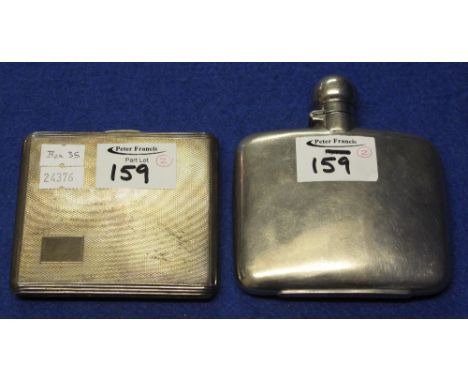 Silver engine turned cigarette case, together with plated hip flask. (2)(B.P. 24% incl. VAT)   CONDITION REPORT:  Cigarette c