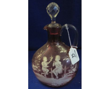 Victorian cranberry glass Mary Gregory type flask with loop handle and facet stopper.  24cm high.(B.P. 24% incl. VAT)   CONDI