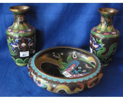 Pair of Japanese Cloissone enamel dragon vases, together with large similar circular dragon bowl, all depicting dragons chasi